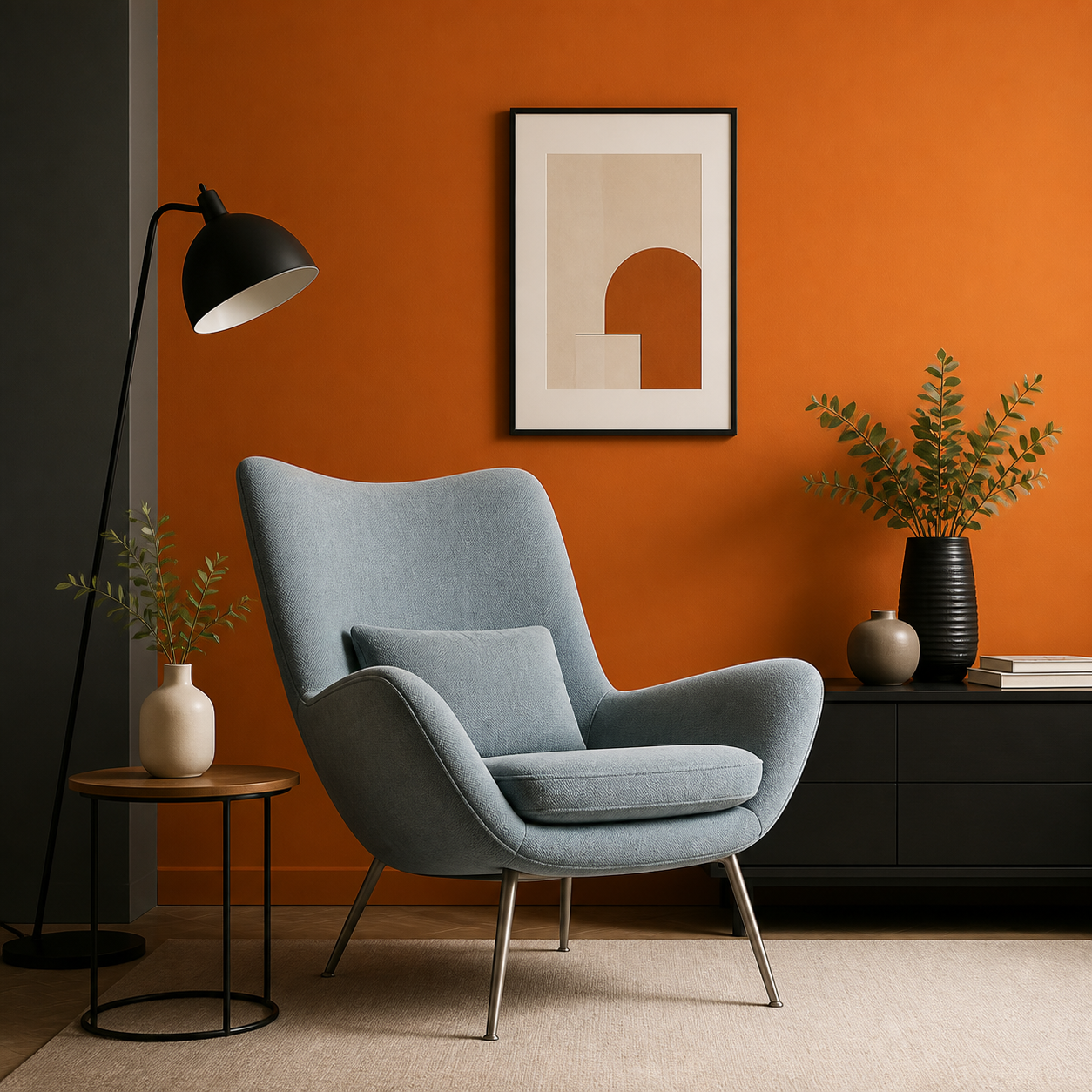 Soft gray lounge chair against a warm orange wall