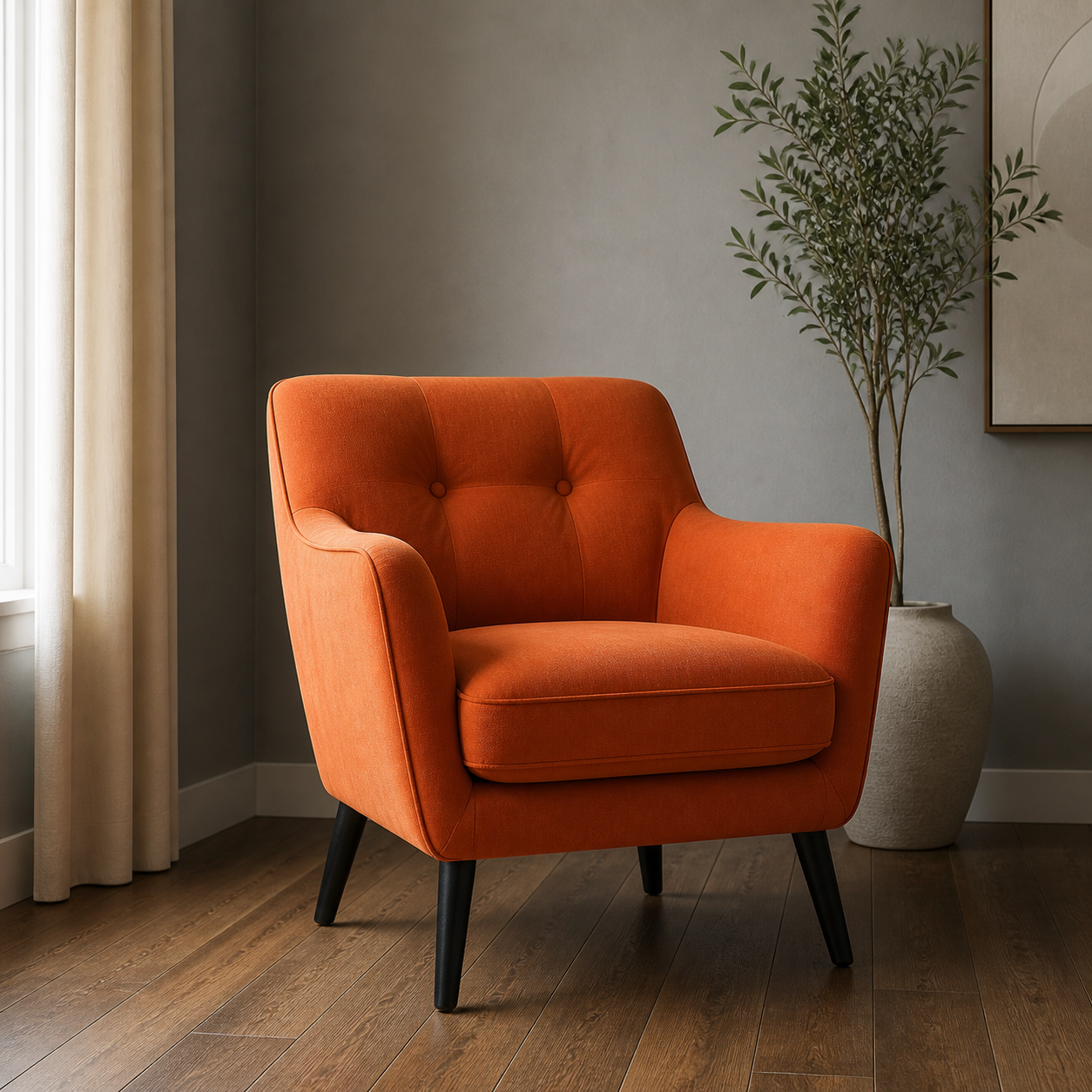 Orange lounge chair in a minimalist room